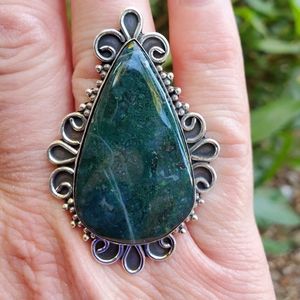 New Oversized Moss Agate 925 Silver Ring.